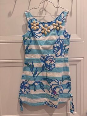 Lilly Pulitzer Girls Little Delia Shift Dress Blue Floral Stripe Beaded Zip 8